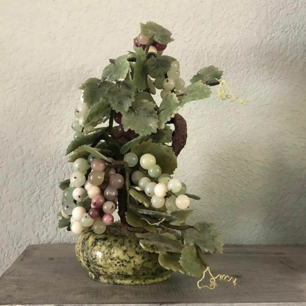 Antique Qing Era Carved Jade Gemstone Tree + Vase